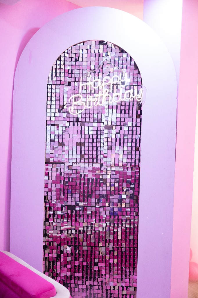 Pink Sequin Arch & Happy Birthday Neon Stage